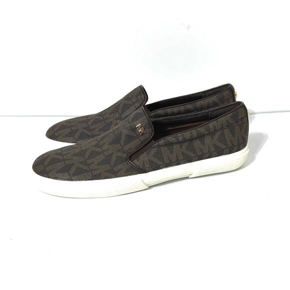 Michael Kors Boerum Double Gore MK Signature Logo Print PVC Slip On Shoe 8 Brown - Picture 3 of 8